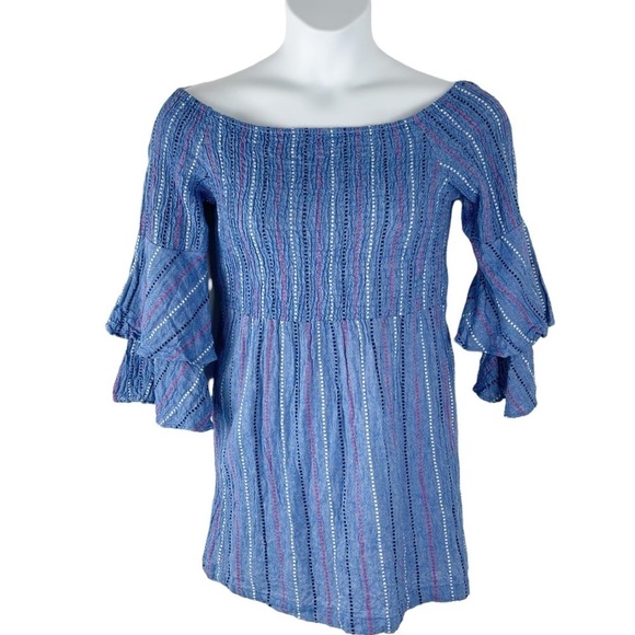 Mudpie Blue Desi Off-The-Shoulder Smocked Dress in Blue Chambray - Picture 2 of 9